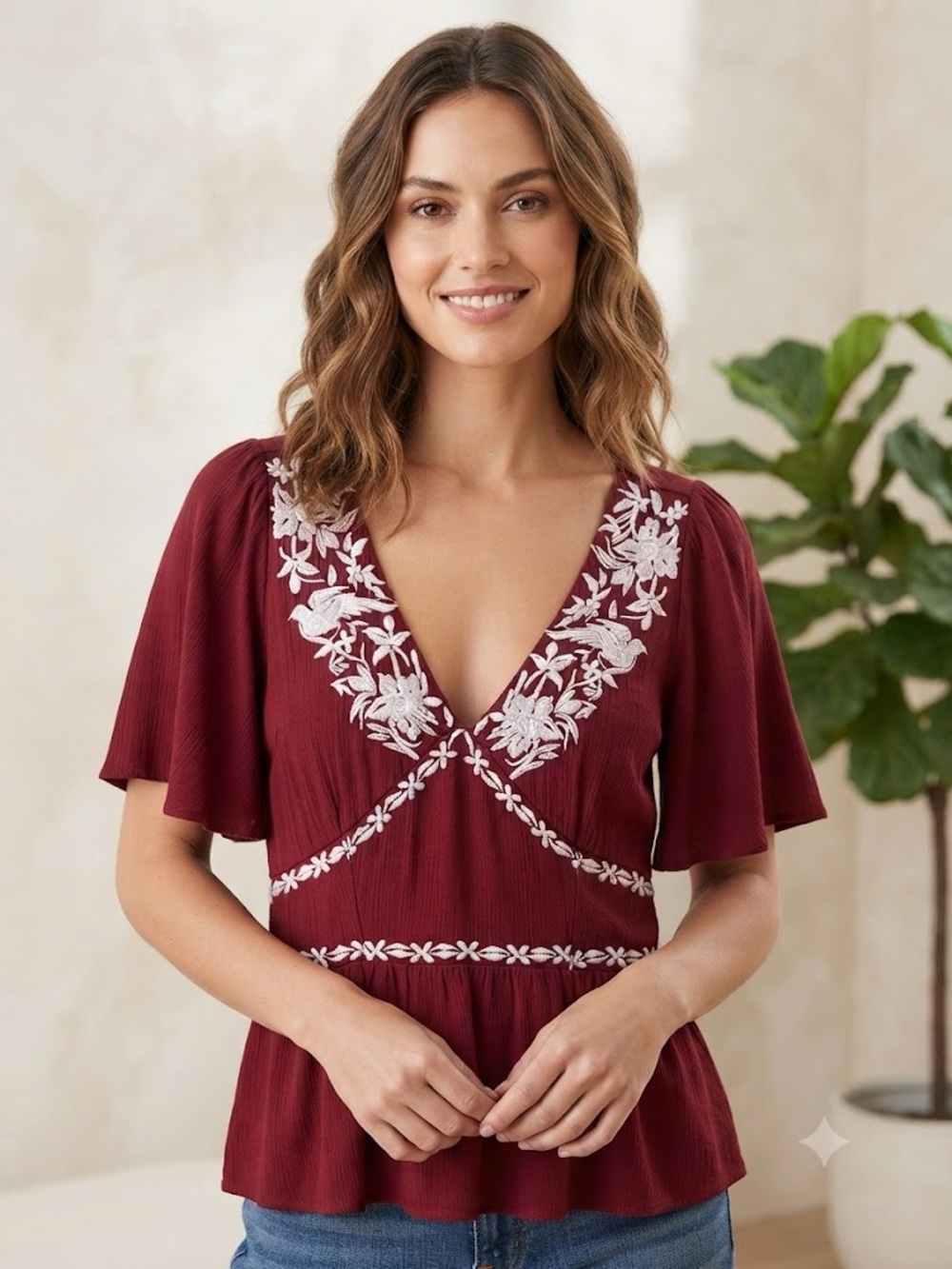 Embroidered V-Neck Flutter Sleeve Top - Burgundy